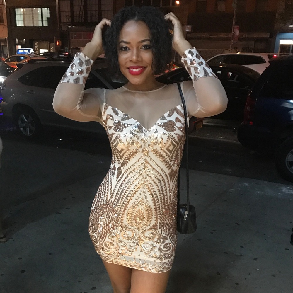 Cream and gold short sequin dress